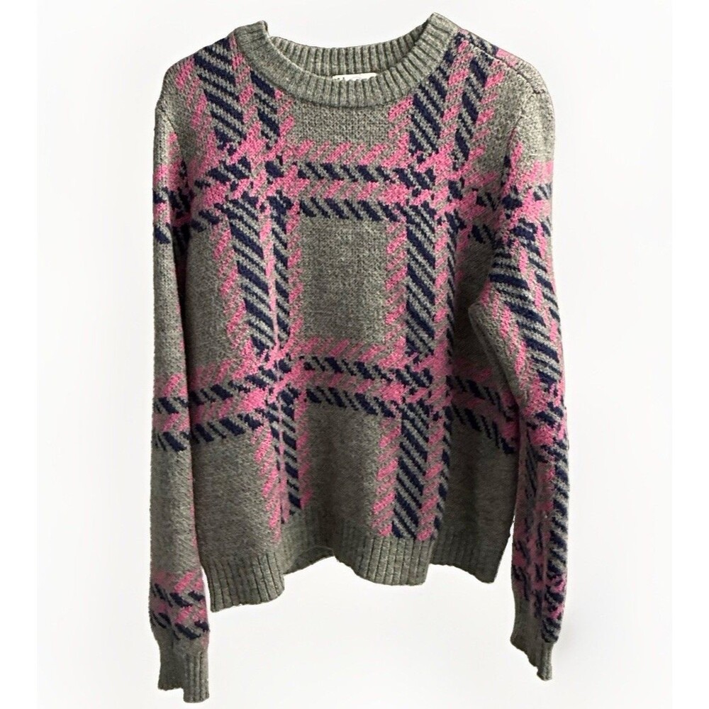 Jun & Ivy Womens Large Plaid Sweater Gray Pink Purple Long Sleeve Pullover